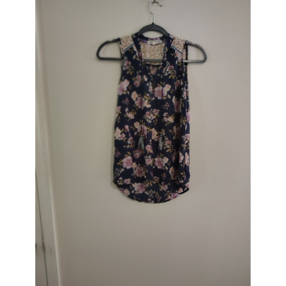 Jolt XS Navy Blue Floral Sleeveless Blouse Tassel Tie Boho Mixed Media Top